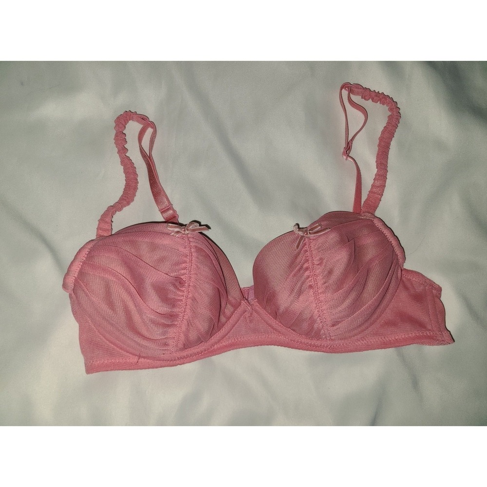 Victoria's Secret Pink Mesh Demi Bra Underwire Ruched Straps 32B Bows